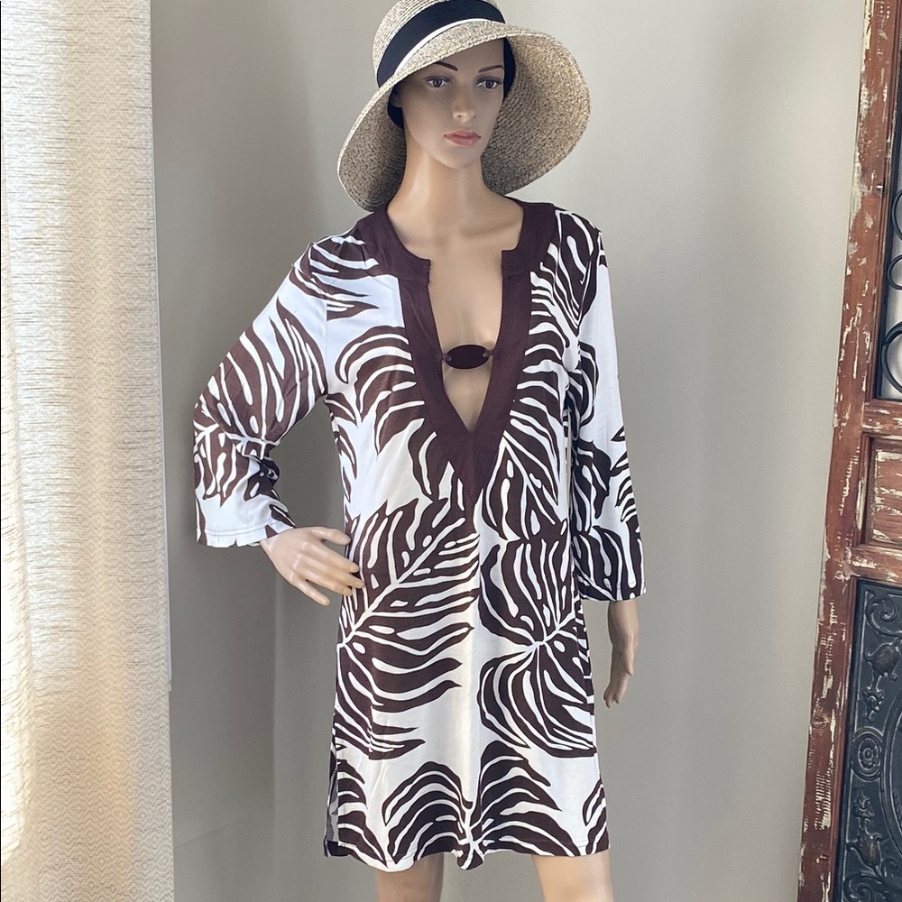 Brown and White Leaf Print Coverup/Dress Size Small